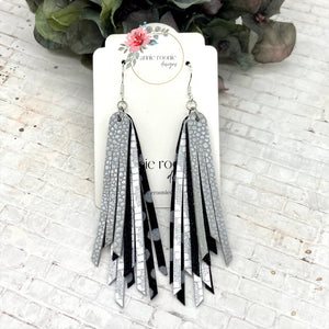 Skinny Fringed Earrings in Black & Silver leathers