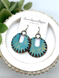 Teal, Brown, & Gold Sunburst Circle Leather earrings
