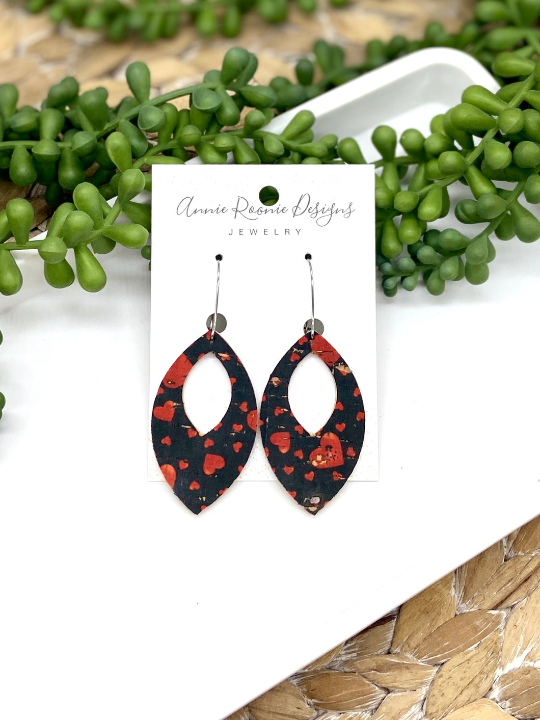 Red Hearts on Black Cork leather Marquis cutout earrings