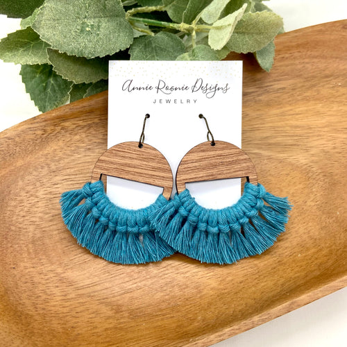 Teal Macrame + Wood Half Moon Circle earrings