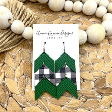 Load image into Gallery viewer, Green &amp; White/Black Buffalo Plaid leather Stacked Chevron earrings