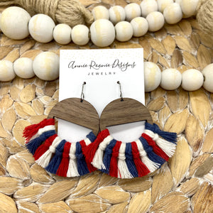 Red White & Blue Macrame + Wood earrings