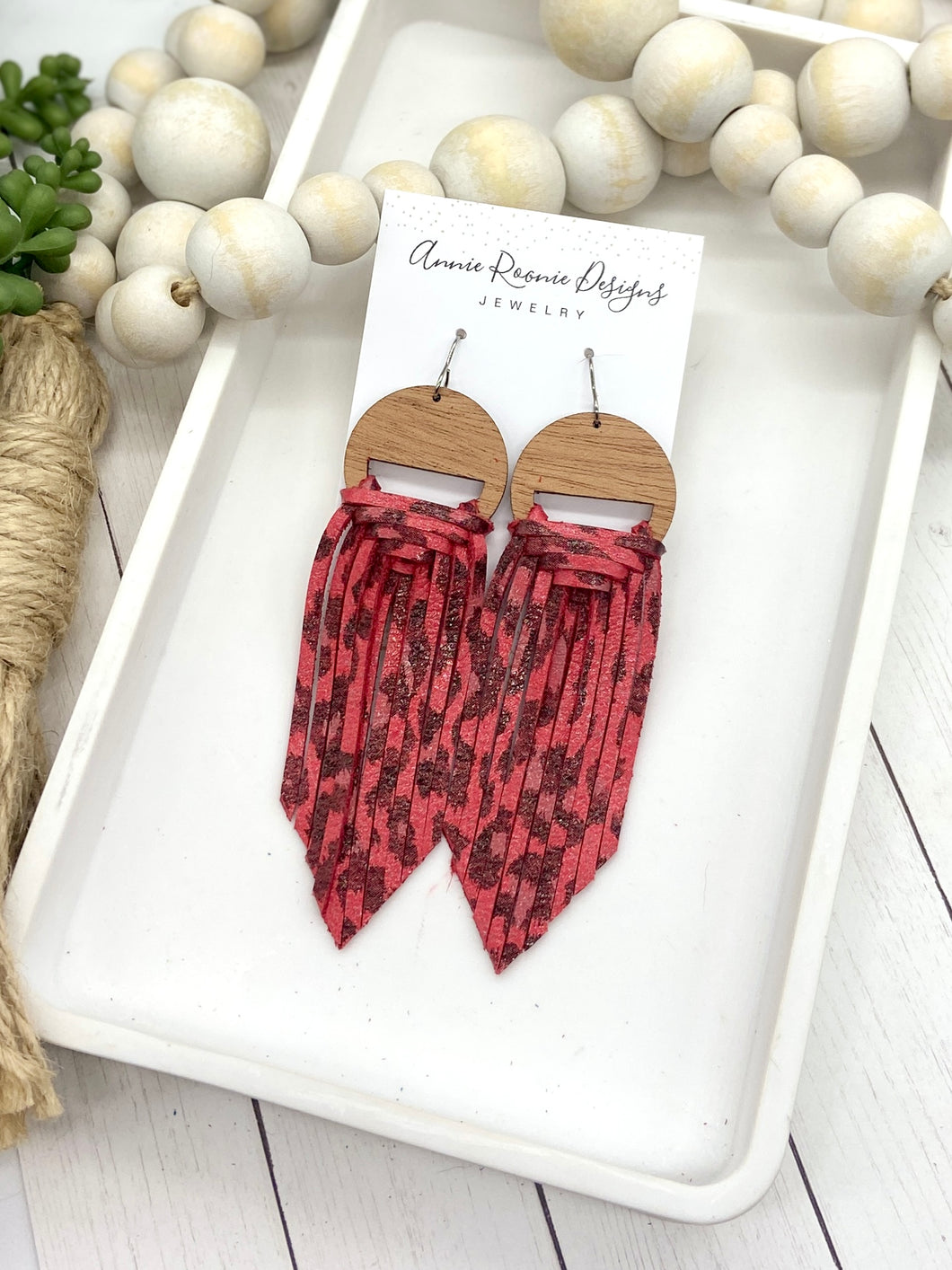 Woven Fringe Earrings in Red Leopard leather