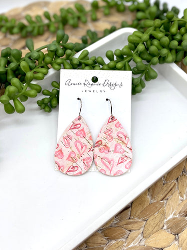 Pink Hearts Cork leather Teardrop earrings
