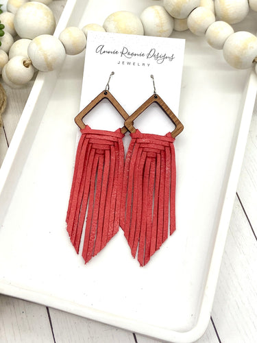 Woven Fringe Earrings in Red leather