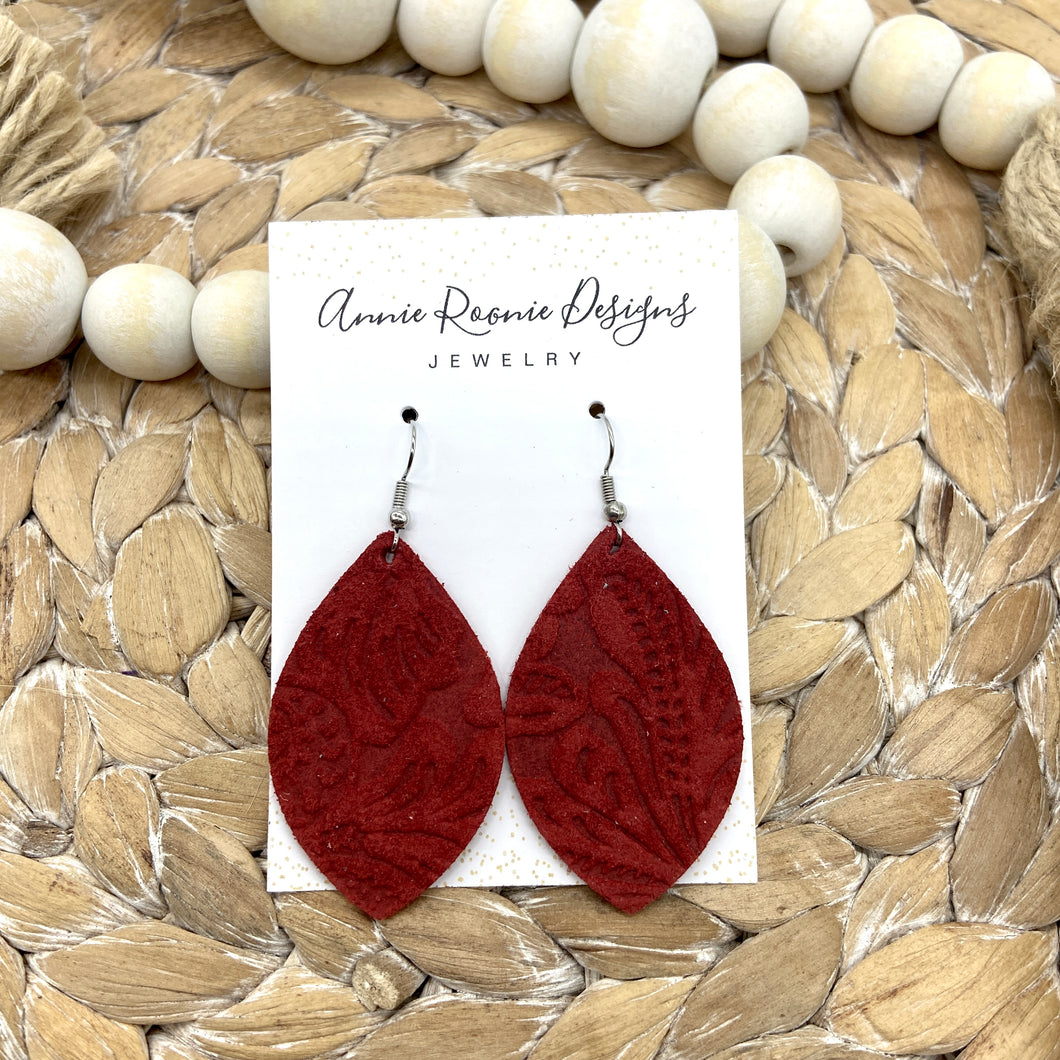 Red Floral Embossed Suede Marquis earrings