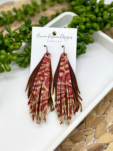 Funky Fringe Earrings in Cream, Brown, & Red tooled leather