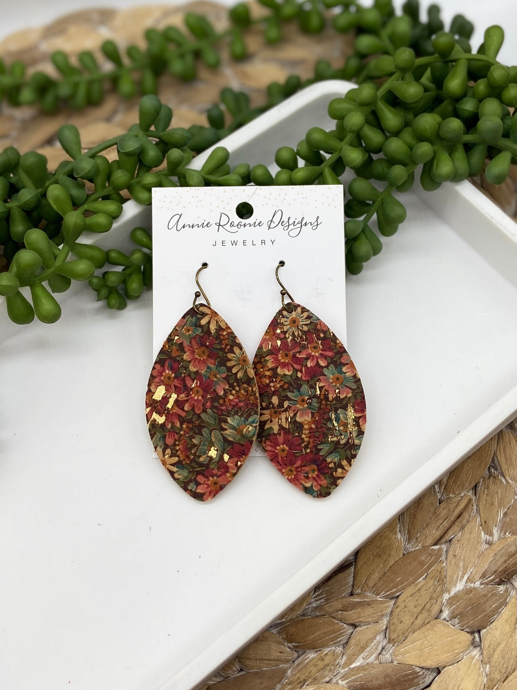 Autumn Flowers Cork Leather Marquis earrings