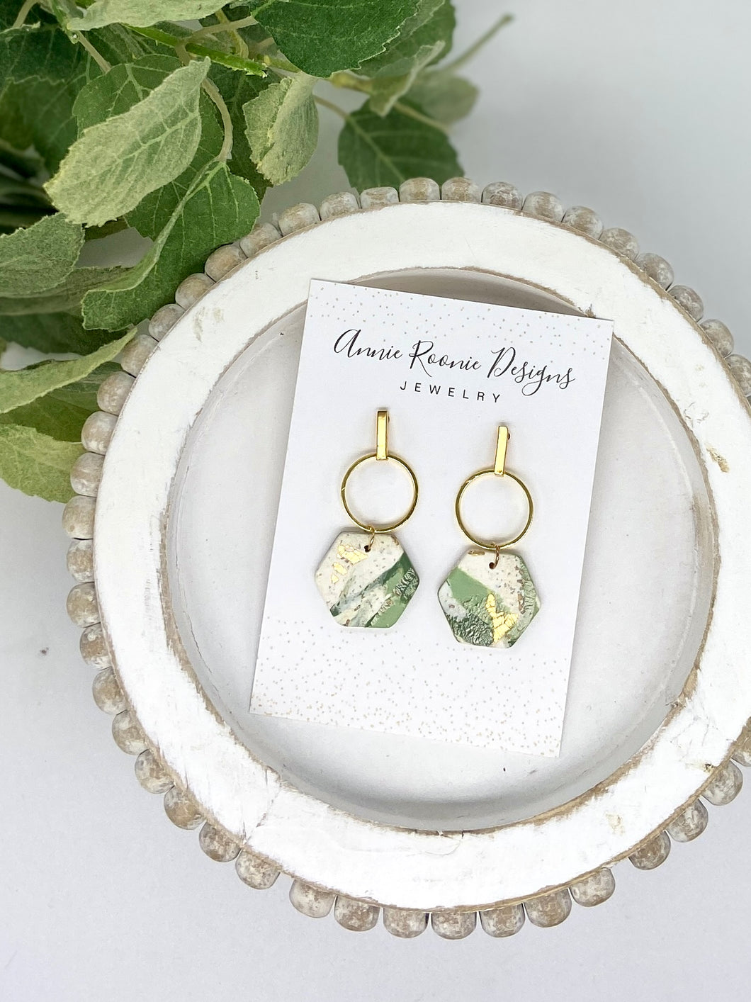 Green White & Gold Clay Hexagon earrings