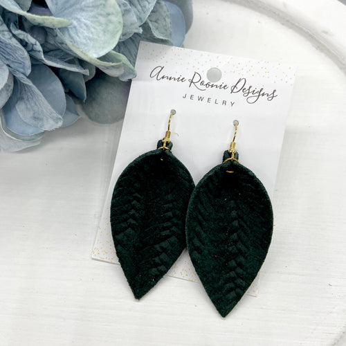 Dark Forest Green Braided Leather Pinched Petal earrings