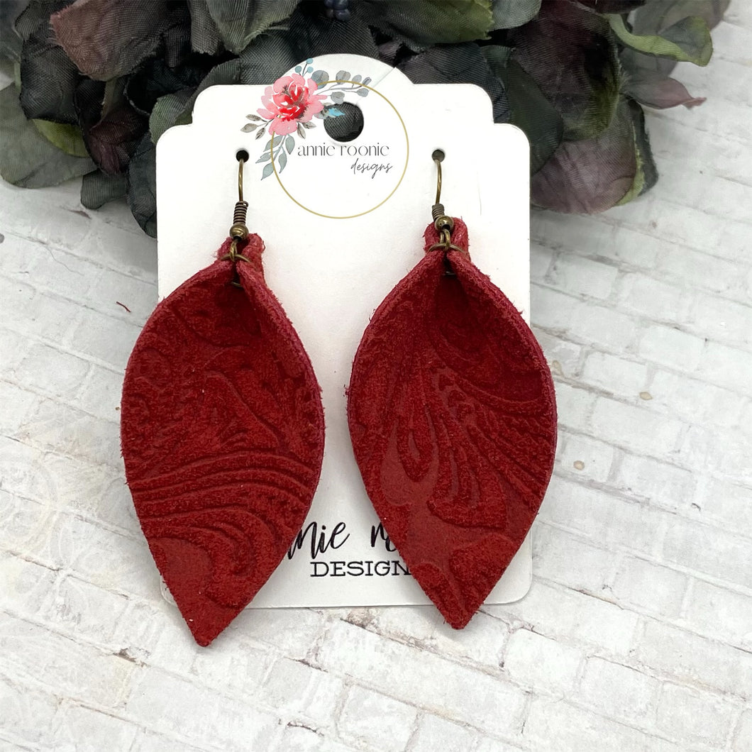Red Floral Embossed Suede Pinched Petal earrings