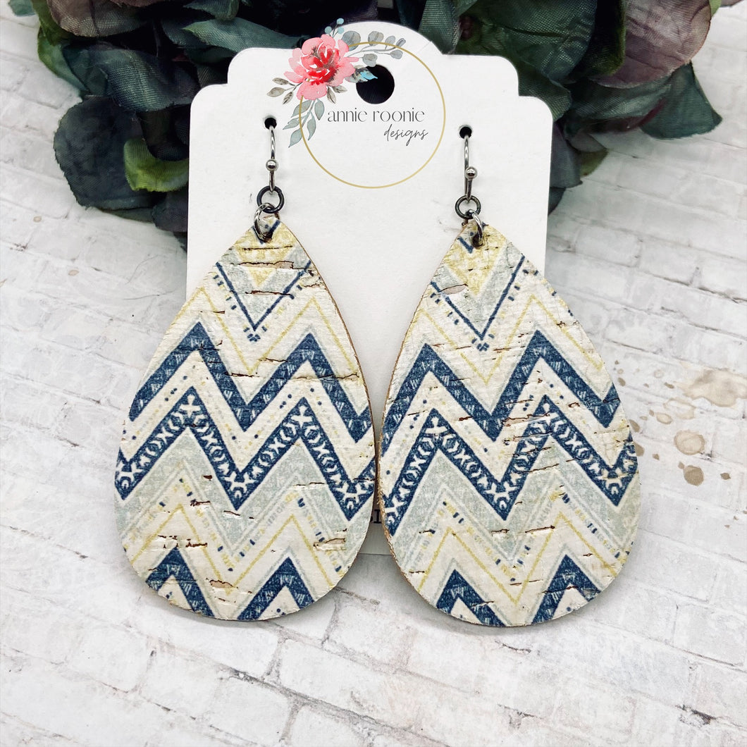 Blue & Yellow Chevron Cork Leather Teardrop earrings
