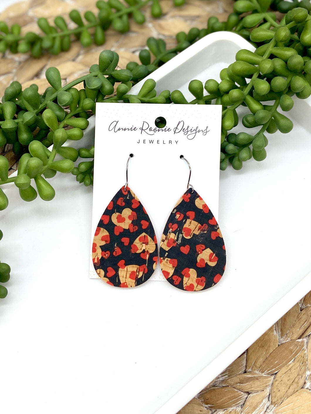 Red Hearts on Black Cork leather Teardrop earrings