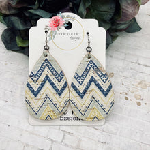 Load image into Gallery viewer, Blue &amp; Yellow Chevron Cork Leather Teardrop earrings