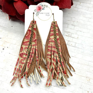 Funky Fringe Earrings in Cream, Brown, & Red tooled leather