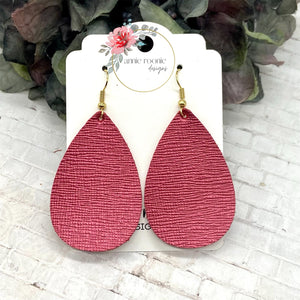 Metallic Dark Pink Saffiano Leather Teardrop earrings