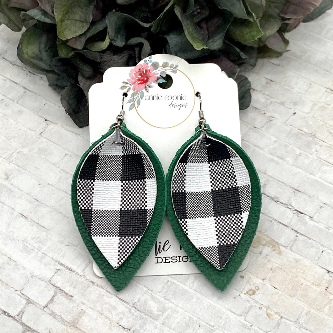 Green & Black/White leather Pinched Petal earrings