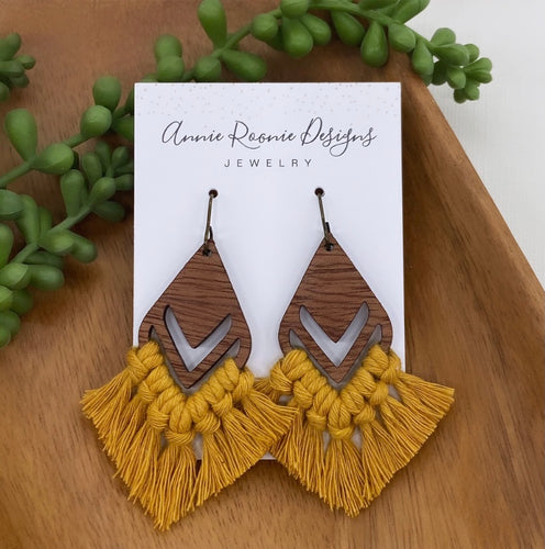 Yellow Macrame + Wood Double diamond earrings