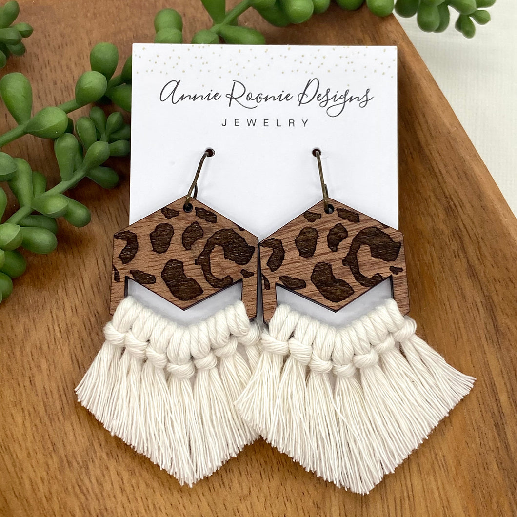 Cream Macrame + Wood Cheetah Hexagon earrings