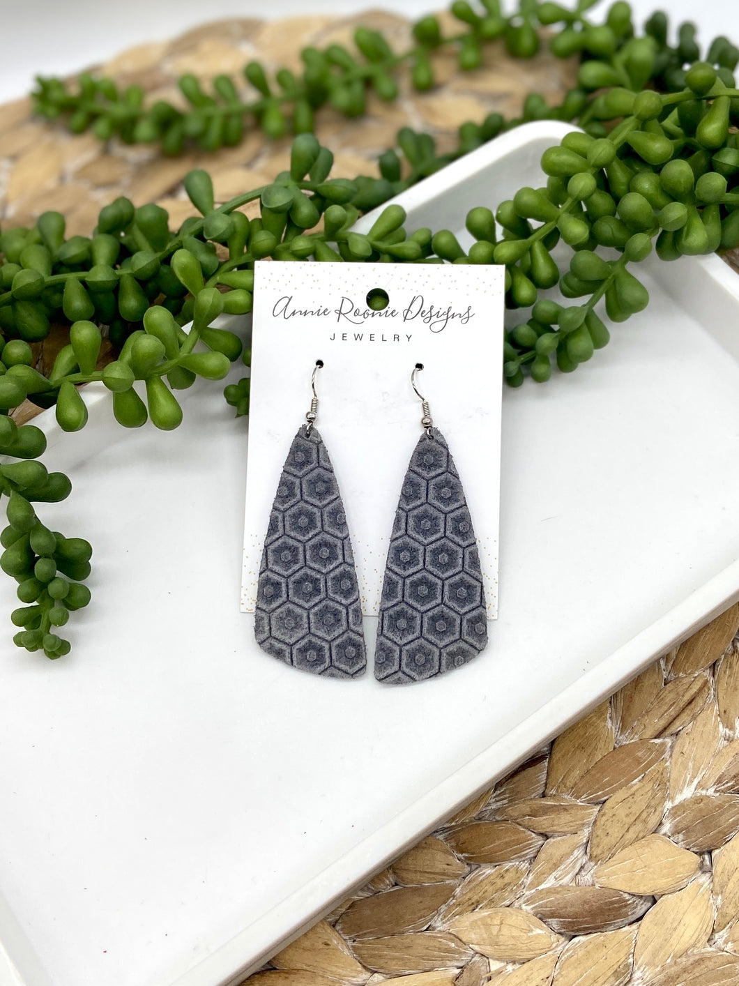 Gray Honeycomb Leather Angled Bar earrings