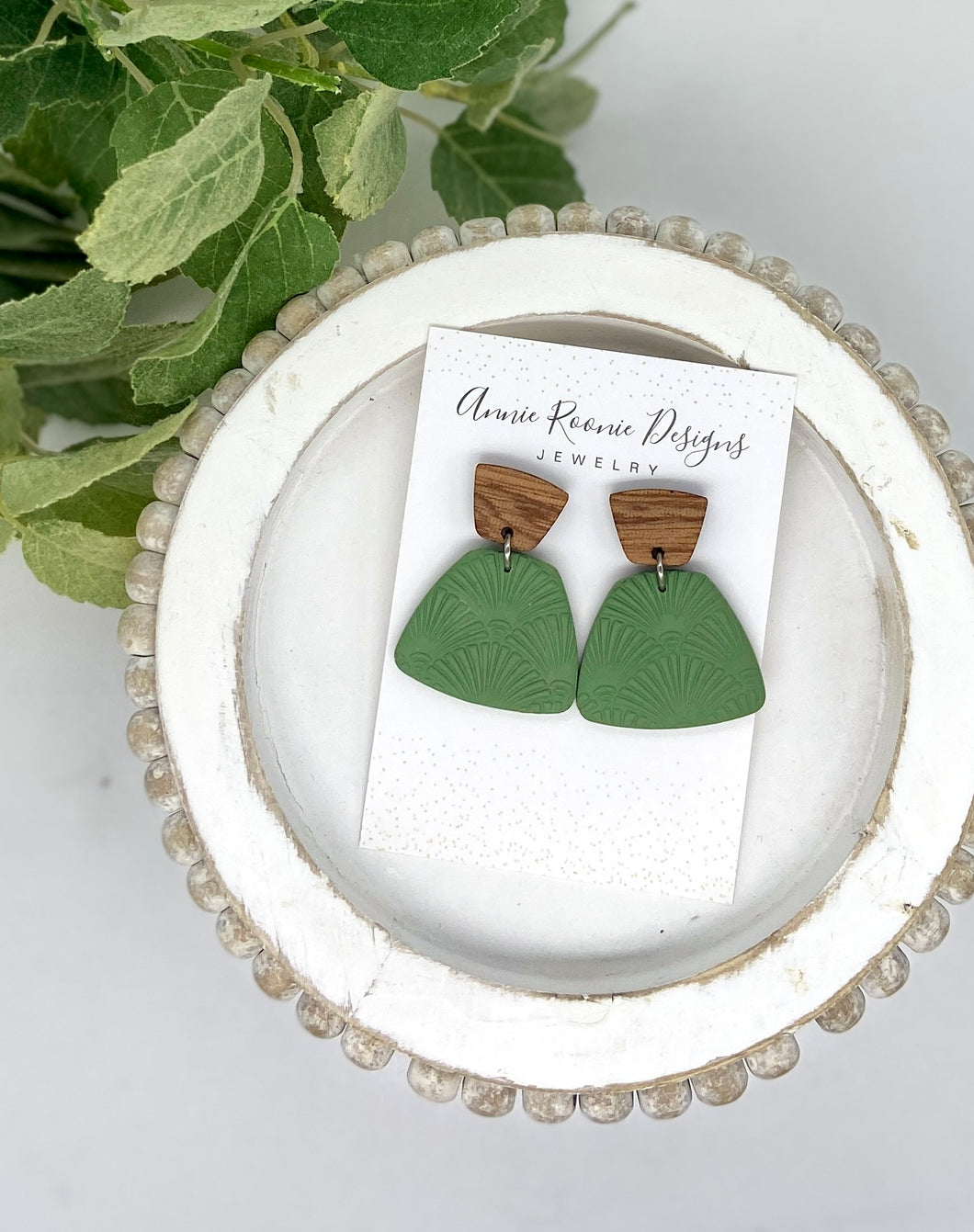 Green textured Wide Trapezoid Clay earrings