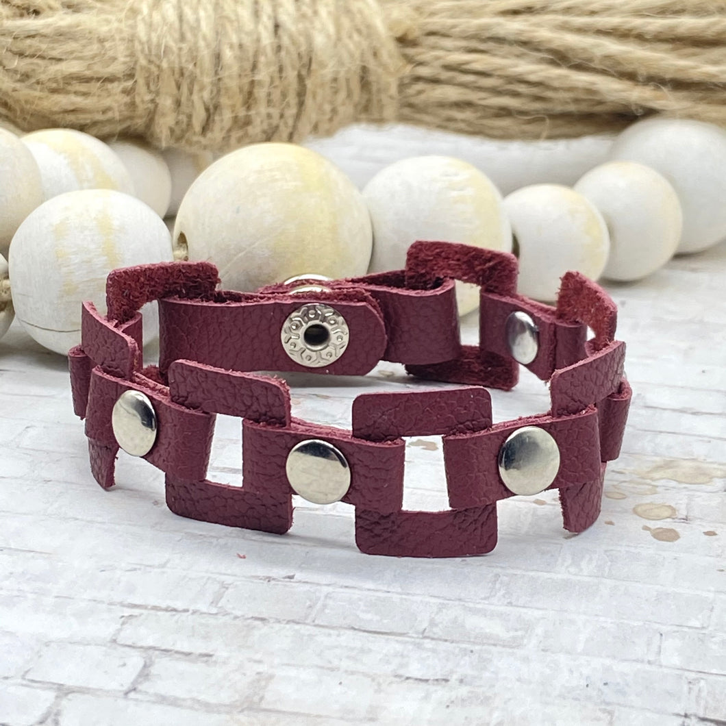 Maroon leather Rectangle link bracelet