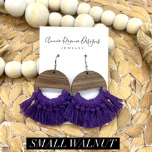Load image into Gallery viewer, Purple Macrame + Wood Half Moon Circle earrings