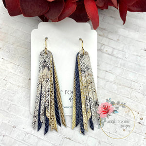 Skinny Fringed Earrings in Navy & Gold leathers