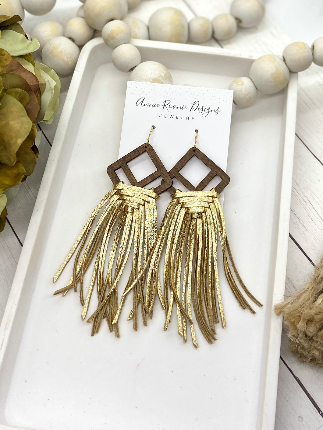 Woven Fringe Earrings in Gold Metallic leather