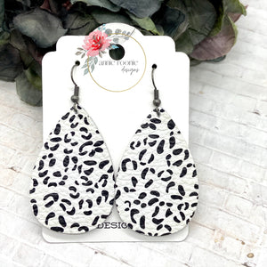 White & Black Snow Leopard leather Teardrop earrings