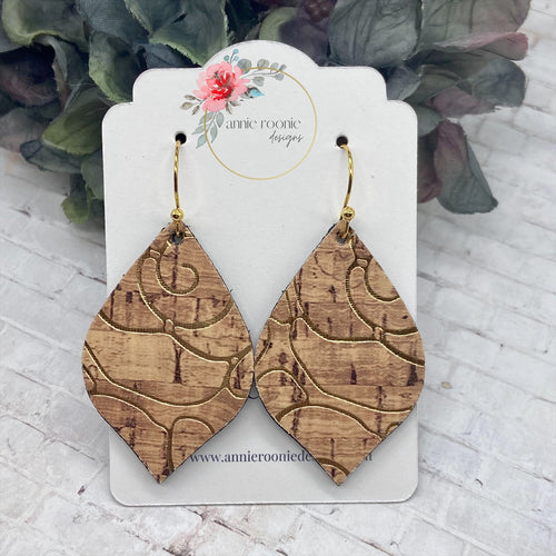 Large Pointed Teardrops in Natural Cork leather with gold swirls