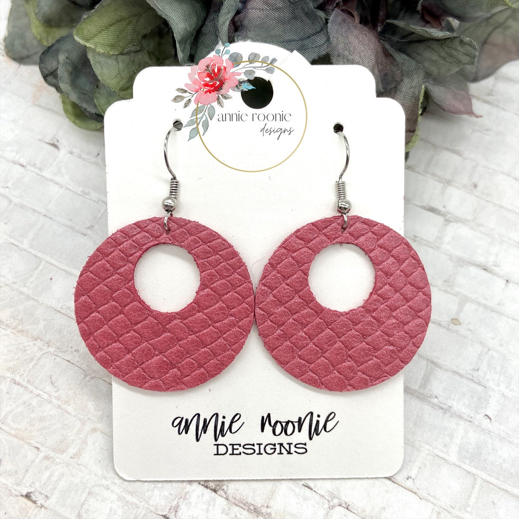 Pink Snakeskin leather Disc earrings
