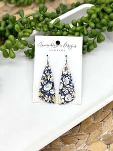 Yellow Poppies on Navy Cork Leather Angled Bar earrings