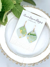 Load image into Gallery viewer, Green White &amp; Gold Clay Pointed Teardrop earrings