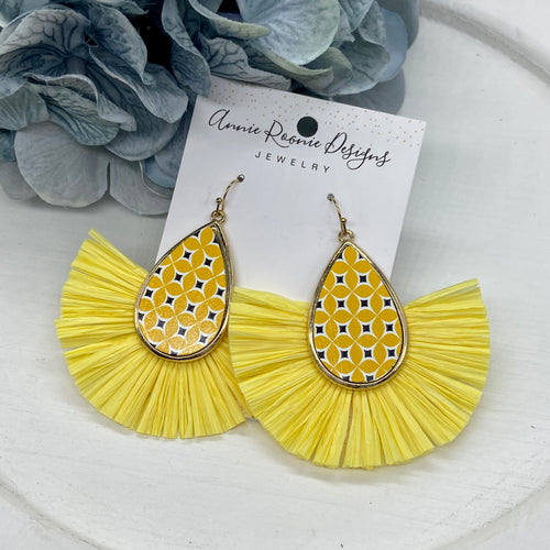 Yellow Mosaic tile with raffia tassel earrings