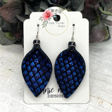 Load image into Gallery viewer, Blue Metallic Fish Scale leather Pinched Petal earrings