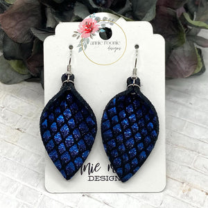 Blue Metallic Fish Scale leather Pinched Petal earrings