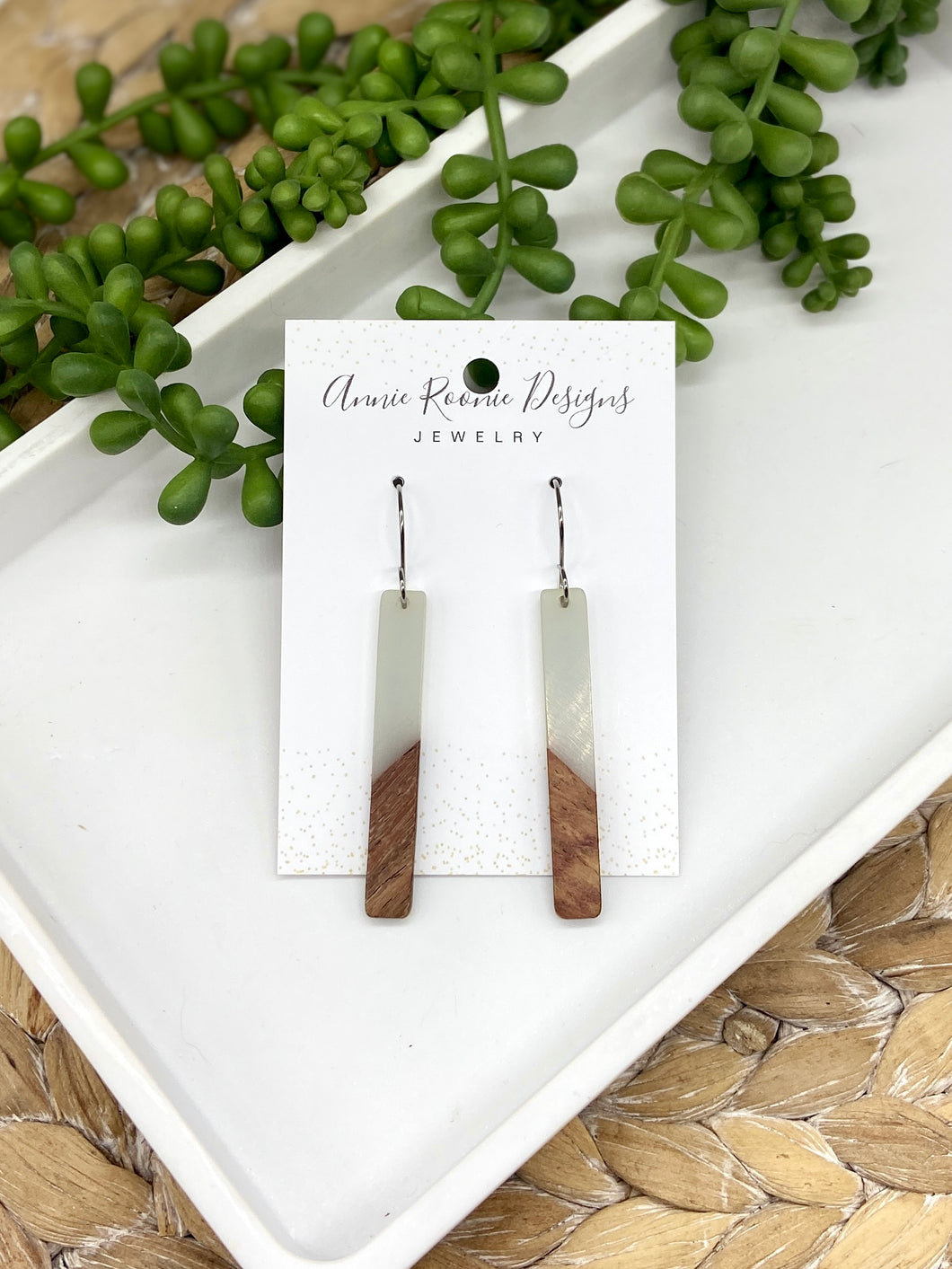 Gray/White Acrylic & Wood Skinny Rectangle earrings