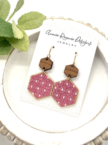 Pink Boho Patterned Clay Double Hexagon earrings