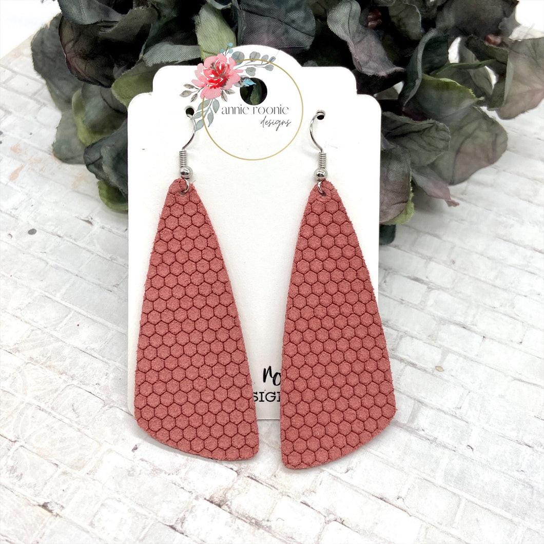Salmon Pink Honeycomb Suede Wedge Bar earrings