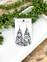 Load image into Gallery viewer, Yellow Poppies on Navy Cork Leather Angled Bar earrings