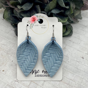 Baby Blue Braided Leather Pinched Petal earrings