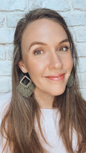 Load image into Gallery viewer, Olive Green Macrame + Wood diamond earrings