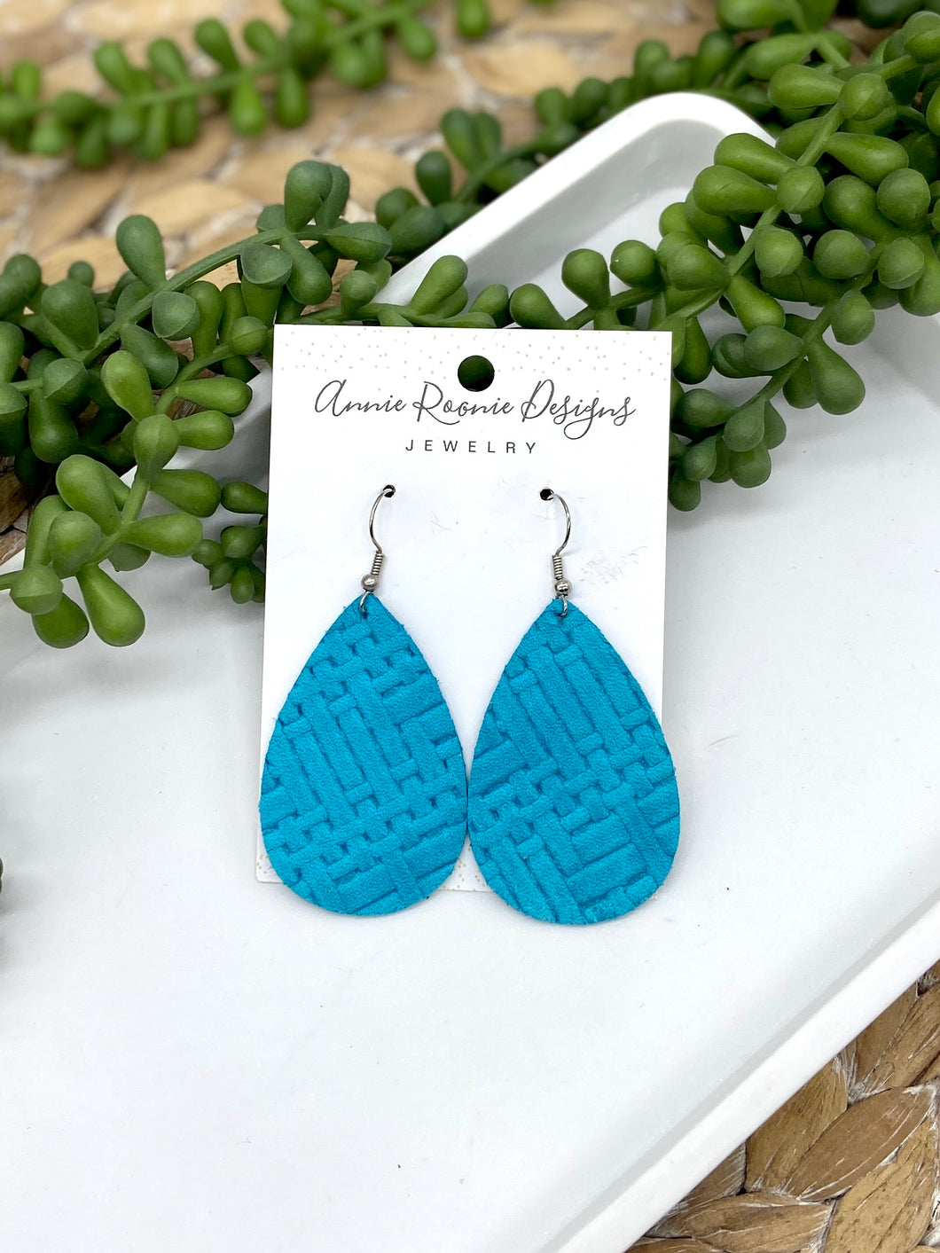 Turquoise Crosshatch Leather Teardrop earrings