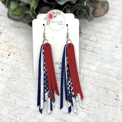 Skinny Fringed Earrings in Red, Navy, & Silver leathers