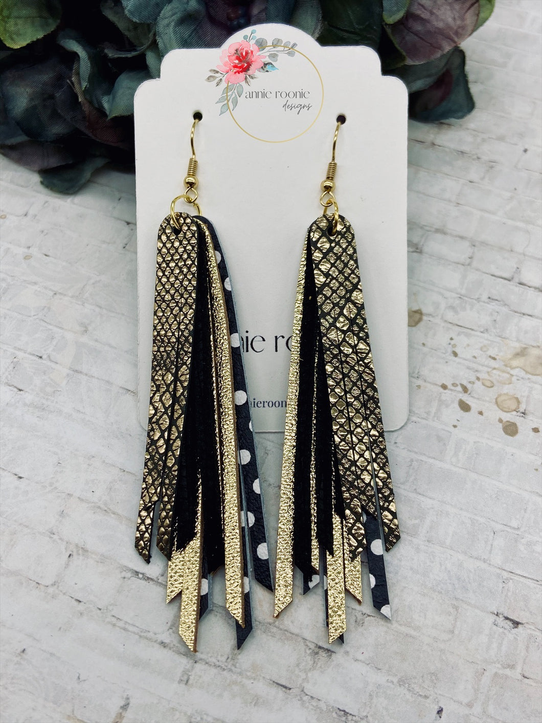 Skinny Fringed Earrings in Black & Gold leathers