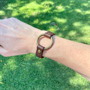 Dark Brown leather Skinny Cuff Circle ring bracelet