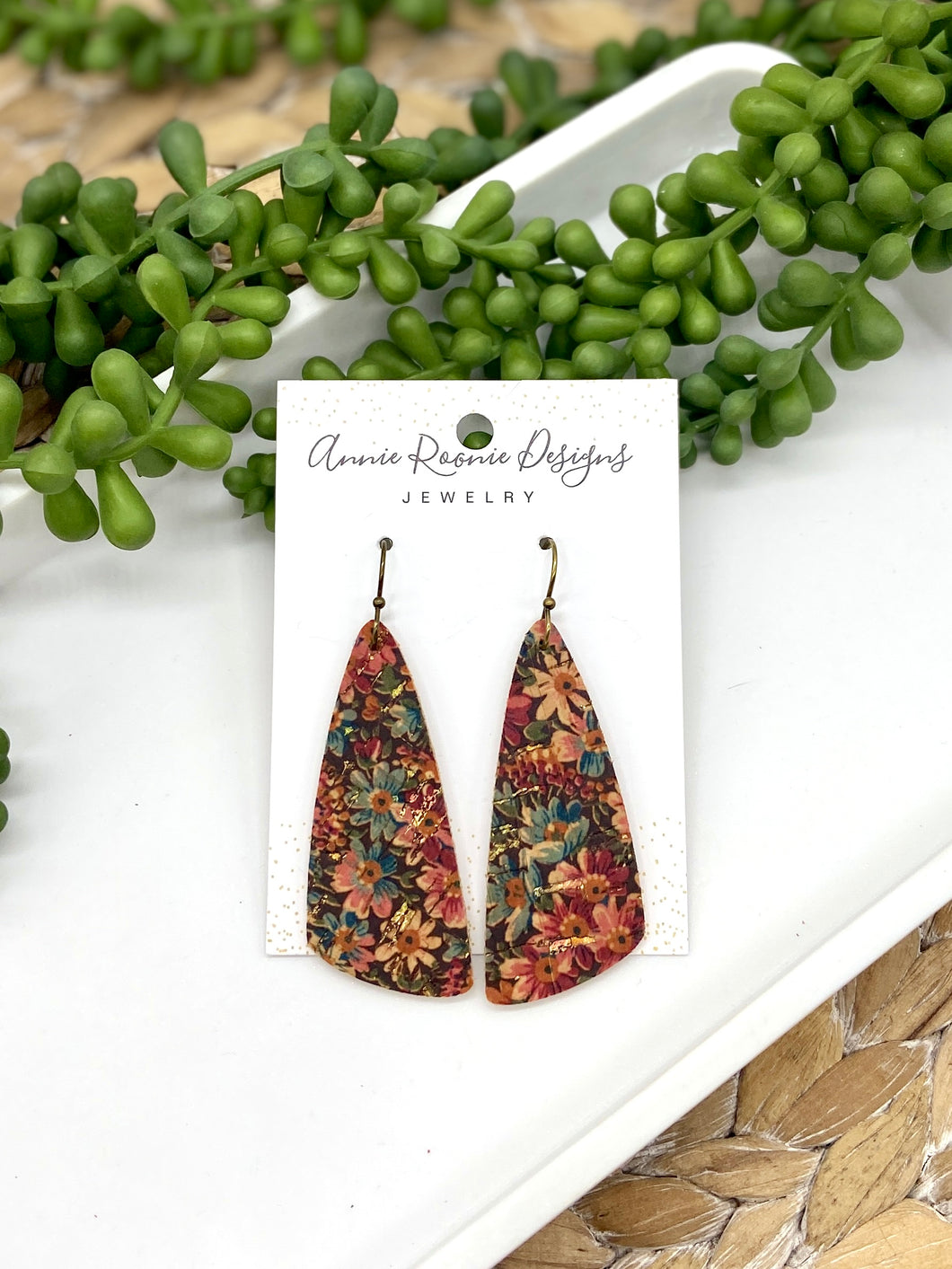 Autumn Flowers Cork Leather Angled Bar earrings