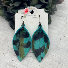 Load image into Gallery viewer, Turquoise Feather Print leather Pinched Petal earrings