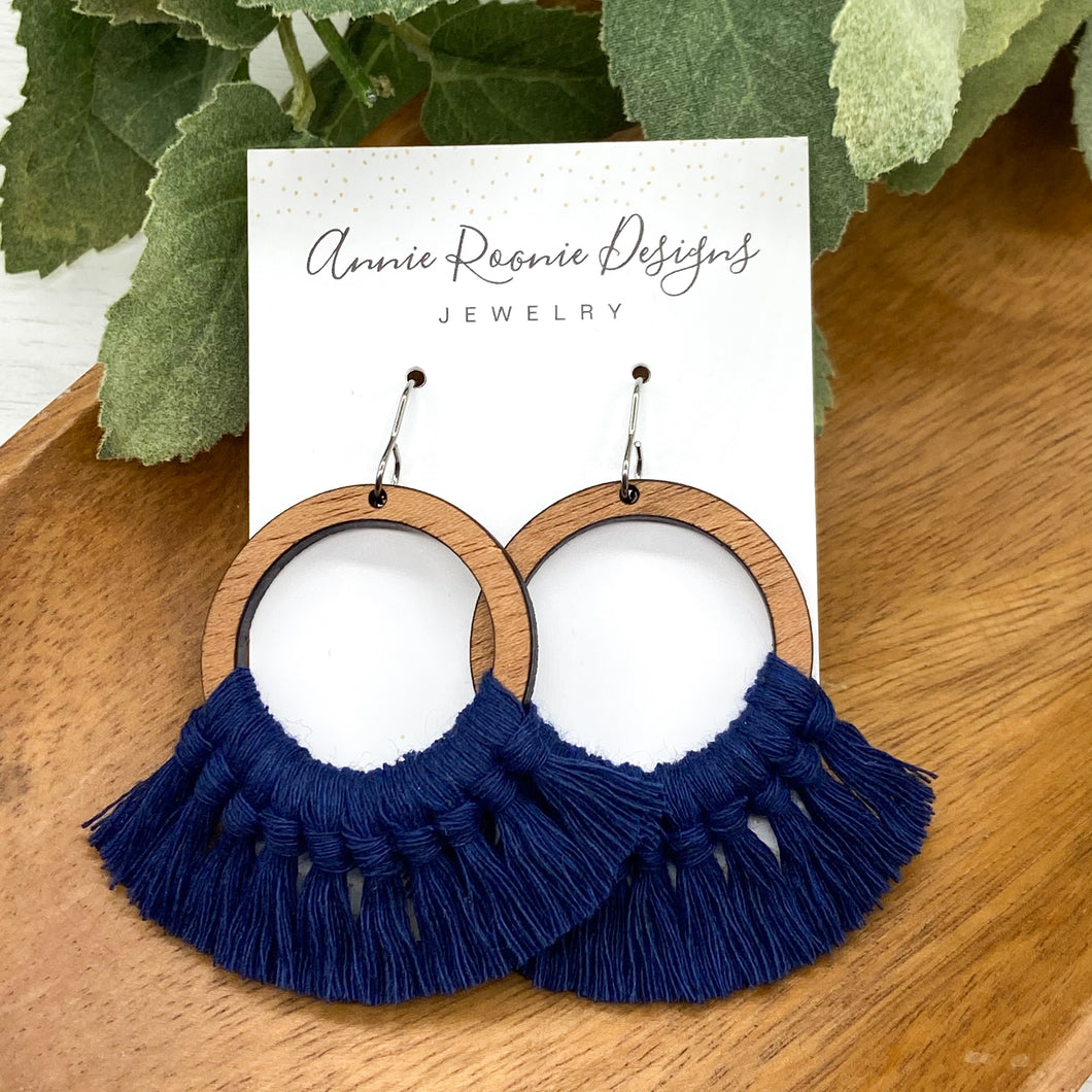 Navy Macrame + Wood earrings